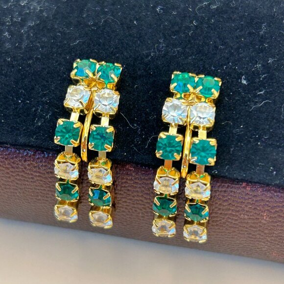 Trifari Clip-On Earrings, 1980s Green and White Rhinestones - Picture 4 of 7